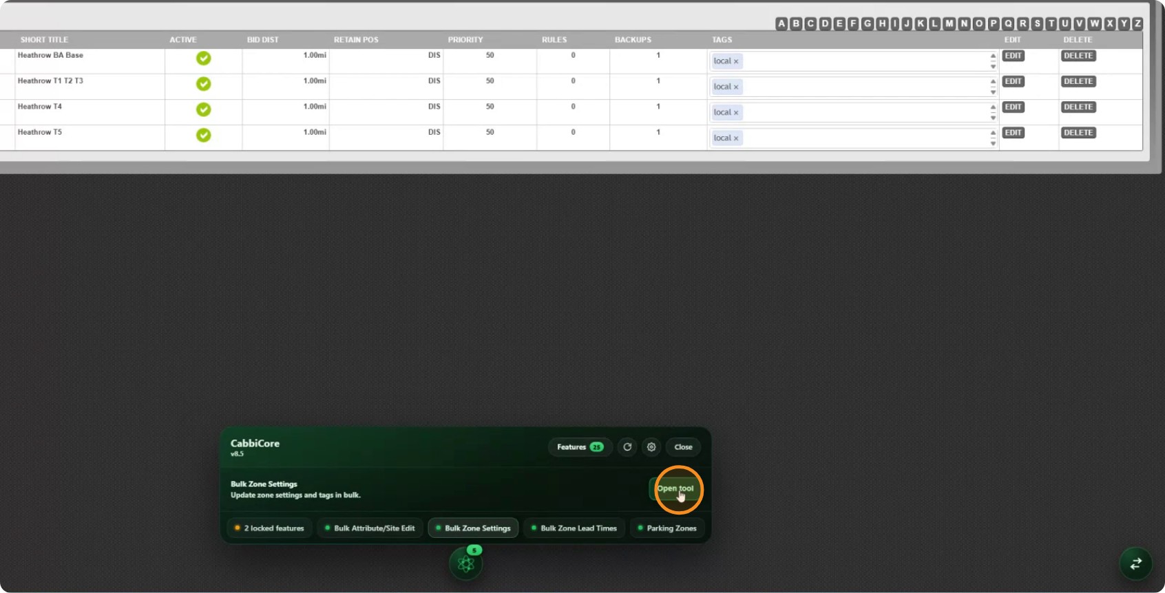 Opening Bulk Zone Settings